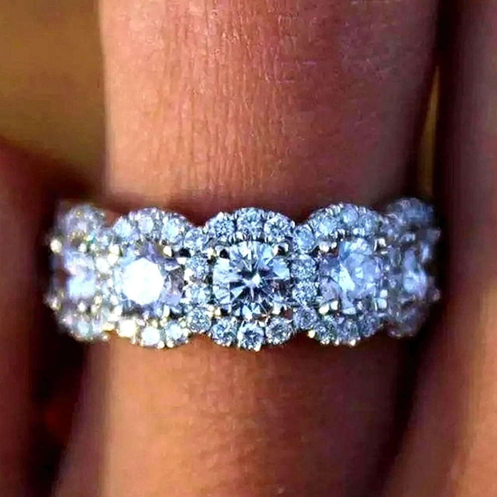 NEW Platinum Plated S925 Halo‎ Diamond Eternity Engagement Band Ring Sizes 6 & 7